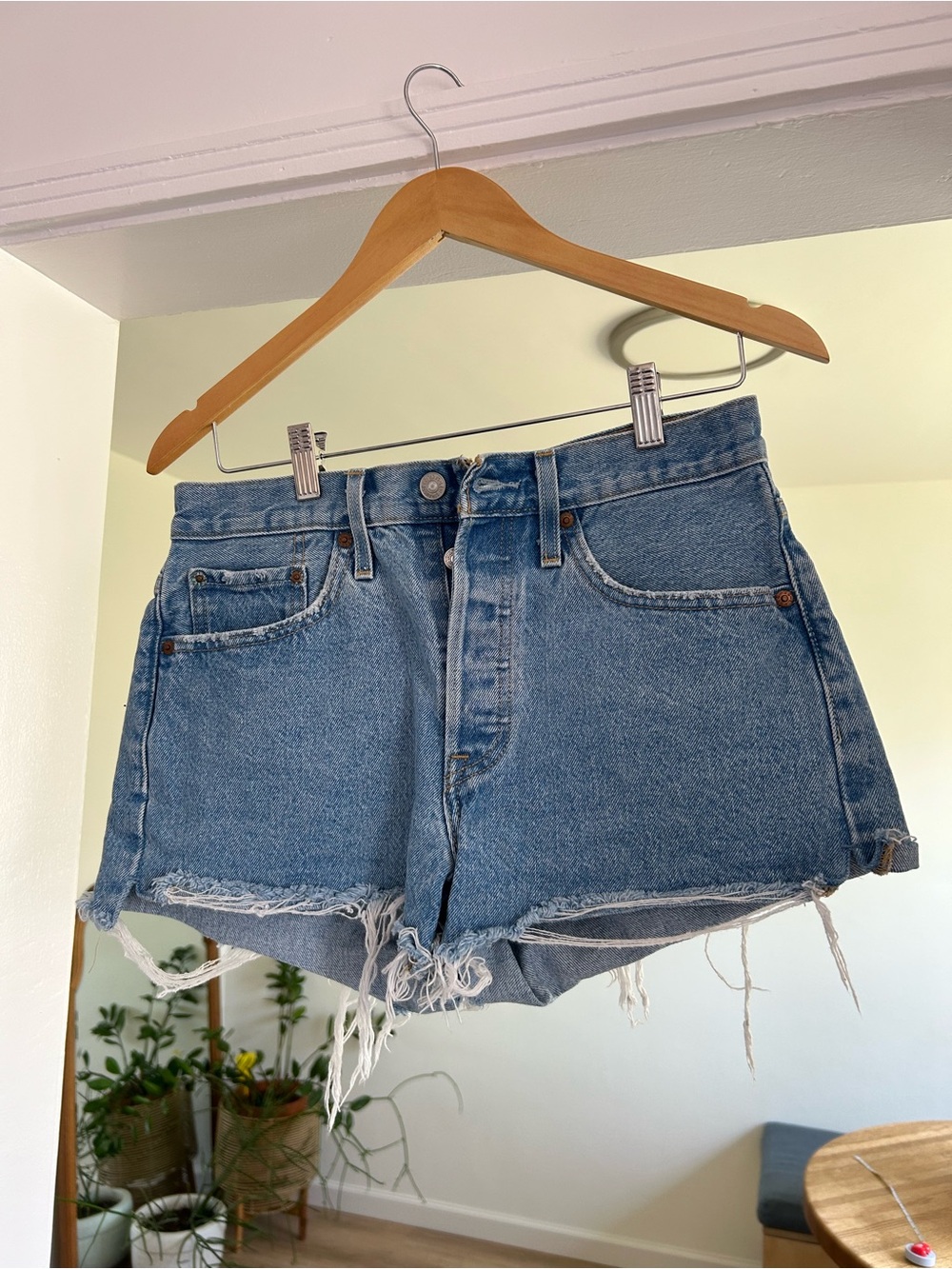 Levi's Light Blue Distressed Medium-Rise Denim Shorts